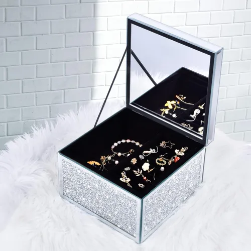 Vista 7 de MOMNGNE Joyero de cristal triturado de plata con diamantes de imitación de cristal, organizador de almacenamiento para anillos, aretes, collares