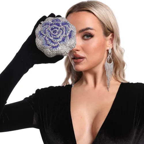 Vista 2 de Boutique De FGG Bolso de mano de cristal rosa para mujer, bolso de noche con flores, para boda, fiesta, graduación, novia, con diamantes