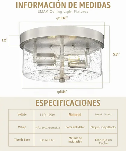 Vista 2 de Emak FM082-BN - Lámpara de techo de níquel cepillado de 2 luces, de 11 pulgadas, con pantalla de vidrio semillado para dormitorio, sala de estar