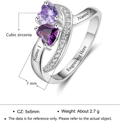 Vista 4 de Diamondido Anillos con nombre personalizado, 2 piedras natales de imitación, anillos de promesa para mujeres, parejas, anillos de compromiso, Piedra
