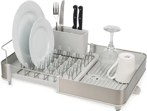 Vista 15 de Joseph Joseph Escurridor extensible de platos con dos piezas, acero inoxidable, antiarañazos, escurridor de utensilios móvil y boquilla de drenaje