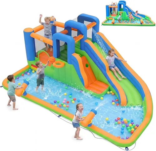 Vista 10 de BOUNTECH Tobogán acuático inflable, castillo de salto de parque acuático para niños con gran piscina de salpicaduras, 2 paredes de escalada