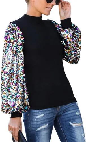 Vista 5 de Anna-Kaci Sudadera de manga larga con cuello alto falso y lentejuelas para mujer