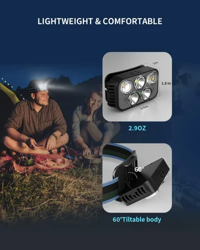 Vista 6 de Linterna frontal recargable, 400 lúmenes, con sensor de movimiento súper brillante, linternas de cabeza impermeables con luz blanca y roja, 6 modos