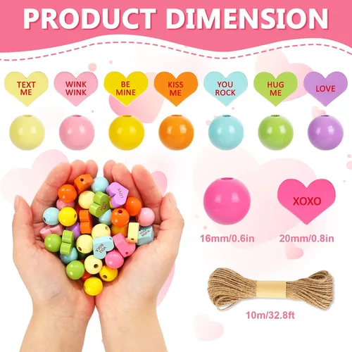 Vista 2 de Whaline 200 cuentas de madera para el día de San Valentín, cuentas de madera de corazón de conversación de dulces con cuerda de cáñamo, cuentas