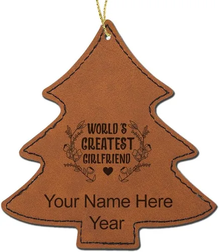 Vista 7 de LaserGram Personalized Christmas Ornament, World's Greatest Girlfriend, Faux Leather, Custom Laser Engraved Gift Idea (Tree Shape, Black)
