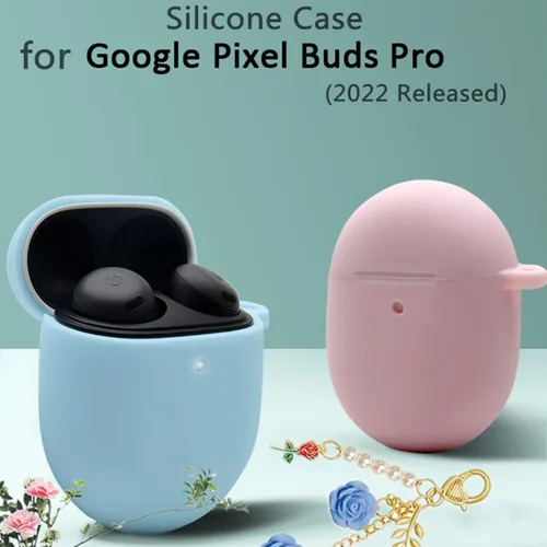 Vista 4 de Funda para Google Pixel Buds Pro con llavero, bonita funda de silicona para Pixel Buds Pro, funda de carga protectora con mosquetón de flores, Azul