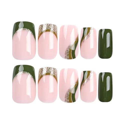Vista 6 de Uñas postizas verdes a presión - Uñas falsas cortas cuadradas con purpurina dorada y diseños de remolino, acabado brillante, uñas postizas acrílicas