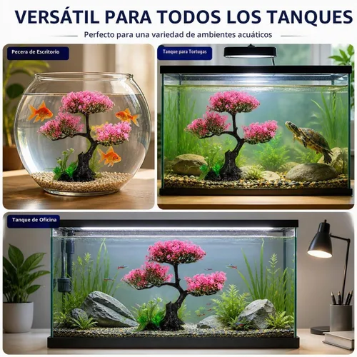 Vista 7 de Cabilock Decoración de acuario de flor de cerezo rosa, planta artificial de tanque de peces de árbol Sakura de 12.2 pulgadas con base estable