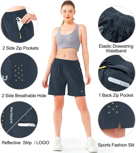 Vista 23 de NORTHYARD Pantalones cortos deportivos de senderismo para mujer, de secado rápido, ligeros, para gimnasio, entrenamiento, con 3 bolsillos