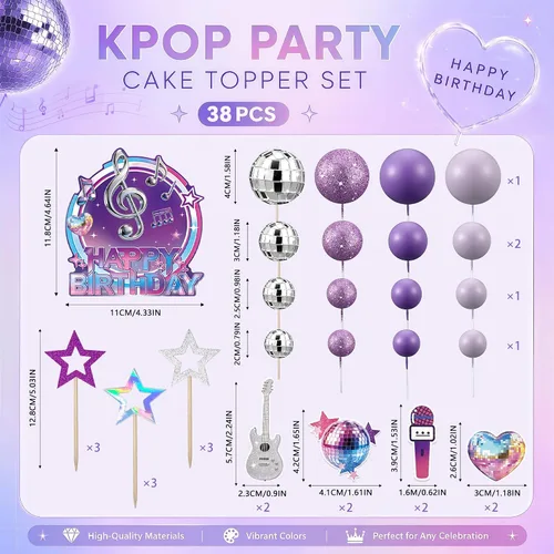 Vista 4 de 38 adornos morados para tartas musicales, disco y bola morada, papel, guitarra, micrófono, decoración de pastel de estrellas para Kpop, suministros