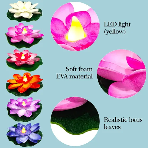 Vista 4 de Paquete de 6 velas de té de loto flotantes – Velas LED de lirio de agua de 4 pulgadas para piscina, baño, boda, decoración de fiesta, luces