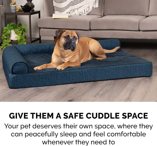 Vista 11 de Furhaven - Cama para perro de espuma viscoelástica, estilo diván en forma de L, de felpa y estampado de almendras, almendras azules, talla jumbo