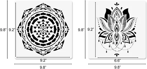 Vista 2 de Plantillas de geometría sagrada – 12 plantillas de yoga con Om, loto, chakra, mandala, hamsa, sol, luna símbolos para pintar sobre madera, tela