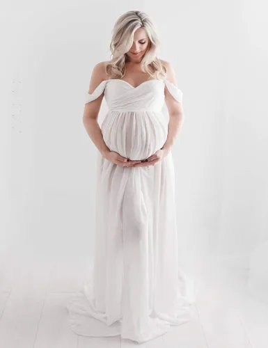 Vista 2 de JustVH Vestidos de maternidad para sesión de fotos hombros descubiertos vestido de encaje de gasa vestido largo con abertura frontal vestidos