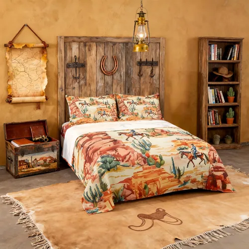 Vista 44 de Juego de sábanas para niños estilo vaquero occidental tamaño individual, juego de ropa de cama con diseño geométrico de cactus, decoración