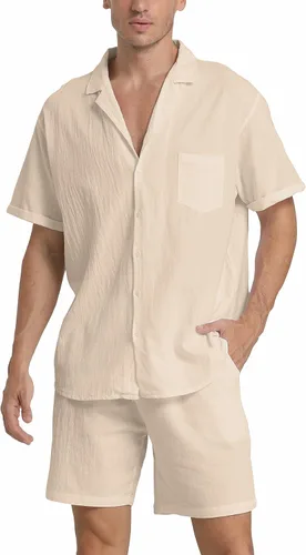Vista 20 de RPOVIG Conjunto corto de camisa de lino: conjunto casual de 2 piezas con botones para hombre