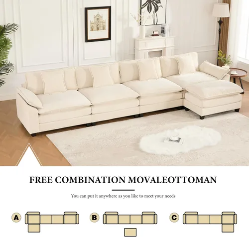 Vista 69 de Sofá seccional modular beige de 117.3", sofás seccionales grandes de 3 plazas para sala de estar, sofá nube oversized de tela chenille con otomana