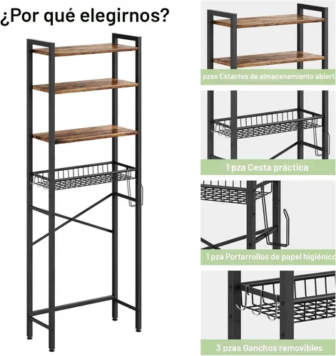Vista 7 de Kalrin Estante de almacenamiento sobre el inodoro, estante organizador de baño de 4 niveles sobre el inodoro con estante y canasta ajustables