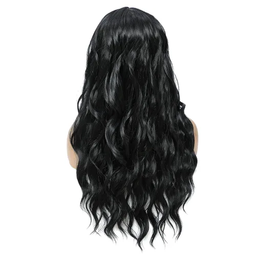 Vista 2 de SWACC Peluca larga y rizada ondulada con flequillo peluca de pelo sintético para mujeres con gorra de peluca (negro)