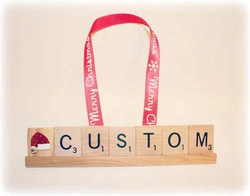 Vista 2 de Custom Name Christmas Ornament, Scrabble Kid Family Ornament, Grandparent, Santa Hat Present