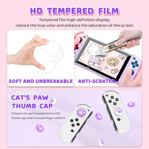 Vista 4 de HYPERCASE Cute Cat Switch Case Kit for NS Accessories Storage, with Portable Travel Carrying Bag Pouch, Soft Switch Protective Skin Cover, HD Screen