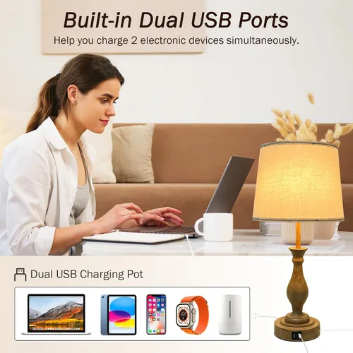 Vista 3 de LALISU Lámpara de mesa de granja con control táctil, lámpara de mesa regulable de 3 vías, lámpara moderna de mesita de noche con 2 puertos USB