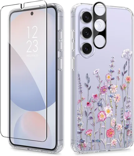 Vista 68 de GVIEWIN Funda protectora para Samsung Galaxy S25, transparente floral, delgada, a prueba de golpes, para mujer, no se pone amarilla, con protector