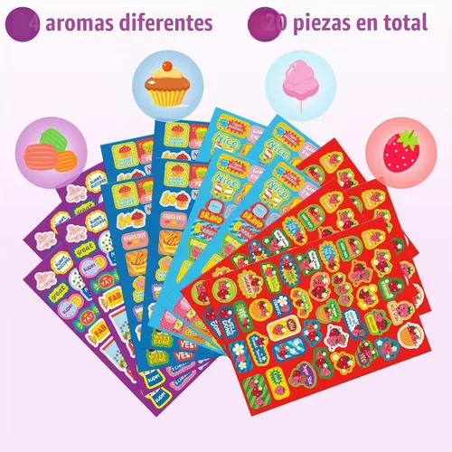 Vista 3 de Eersida 750 calcomanías perfumadas de recompensa olorosas para el aula de niños, calcomanías motivacionales para rascar postres y frutas