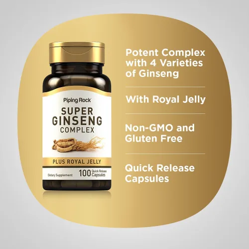 Vista 4 de Piping Rock Suplemento de ginseng 100 cápsulas complejas con jalea real Suplemento sin OMG y sin gluten