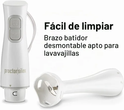 Vista 5 de Proctor Silex Batidora eléctrica de inmersión con batidora de mano desmontable apta para lavavajillas, 2 velocidades, 150 vatios, color blanco