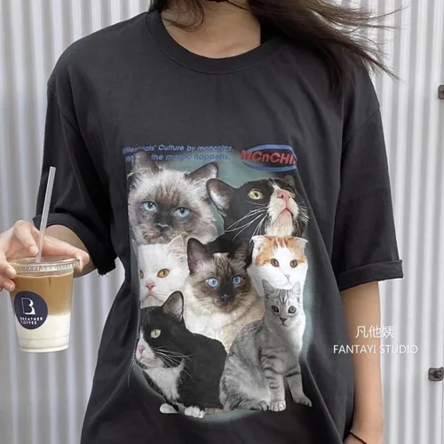 Vista 4 de Harajuku Fashion Couple Loose Street Style Y2K Camiseta de manga corta con estampado de dibujos animados para mujer