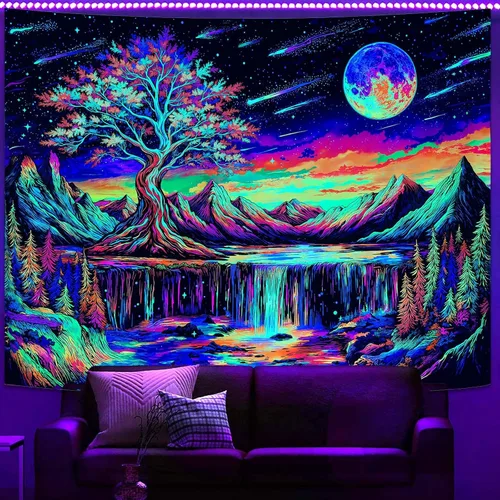 Vista 10 de Zussun Tapiz de hongo rojo, tapices de luna y estrella para dormitorio, estética de color beige, noche estrellada, planta verde, tapiz de pared