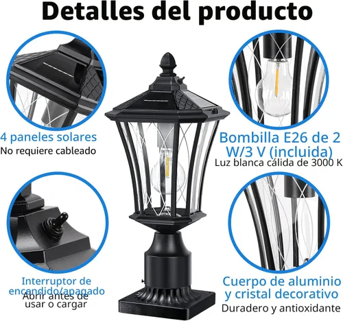 Vista 5 de YSN Luces solares de poste de 16 pulgadas para exteriores, luces de poste al aire libre del atardecer al amanecer con base de montaje en muelle