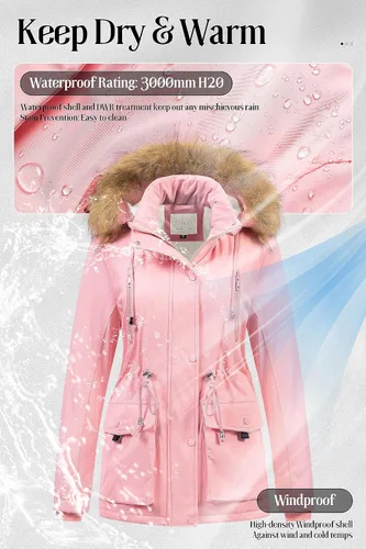 Vista 5 de Chrisuno Parka de invierno para mujer, forro polar suave, con cordón y capucha de piel sintética