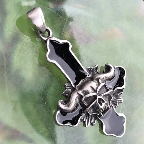 Vista 3 de Invertido al revés gótico Cruz Negra Baphomet Lucifer Cara del Diablo Cráneo Demonio Satánico Metal Pesado Punk Rock Biker Joyería Pewter Collar