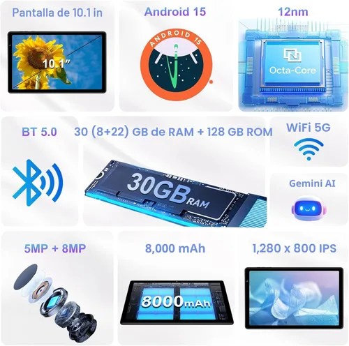 Vista 6 de 2025 Tablet de 10 pulgadas Android 15 Tablets 30GB RAM 128GB ROM 1TB de expansión, Tablet Octa-Core de 8000mAh con estuche a prueba de caídas