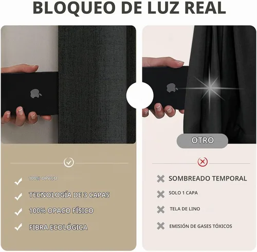 Vista 5 de Joydeco - Cortinas 100% opacas, 2 paneles de lino natural para oscurecer habitación, aislamiento térmico, trabillas traseras y bolsillo para barra