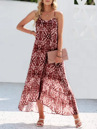 Vista 2 de ANRABESS Vestido largo de alto bajo de verano para mujer, con volantes altos y bajos, con tirantes delgados, con estampado de vuelo
