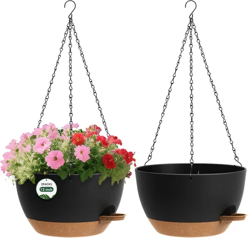 Vista 13 de Paquete de 2 12 macetas colgantes con cadenas, macetas de plástico de riego automático para plantas de interior y exterior, diseño de cadena