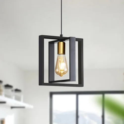 Vista 23 de Lámpara colgante estilo granja, luces colgantes negras para isla de cocina, luz colgante de metal industrial y madera vintage, lámpara de techo