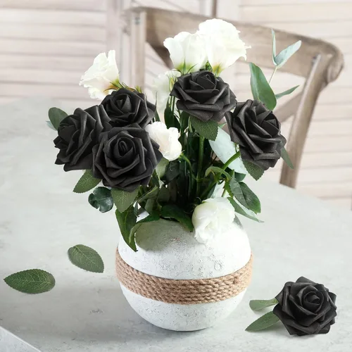 Vista 7 de Mocoosy - 50 rosas artificiales, rosas artificiales para decoración de Halloween, rosas de espuma de tacto real a granel con tallo gótico, ramo