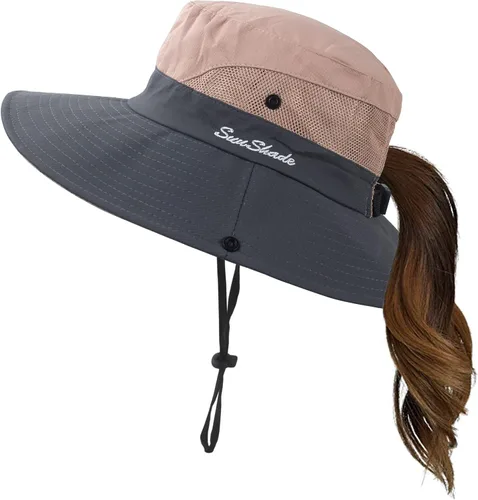 Vista 14 de Sombrero de verano para mujer, ala ancha, protección UV, plegable, para cola de caballo, para playa, pesca, senderismo Beige