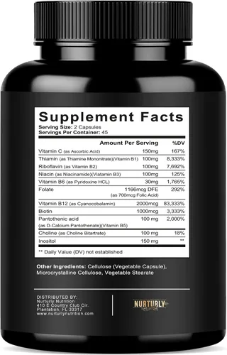 Vista 3 de Complejo de vitamina B con vitamina C - Contiene todas las vitaminas B esenciales - B1, B2, B3, B5, B6, B7, B9, B12 y biotina - Súper complejo