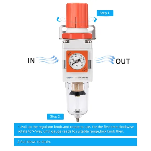 Vista 4 de NANPU 1/4 "NPT Embedded Gauge Compressed Air Filter/Regulator Piggyback Combo, Drenaje semiautomático, Elemento de latón de 5 micrones, Cuenco