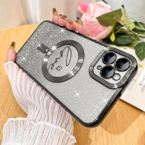 Vista 2 de Fiyart - Funda transparente magnética con purpurina para iPhone 11 Pro Max para mujeres, con grabado "Love" metálico, protección para cámara