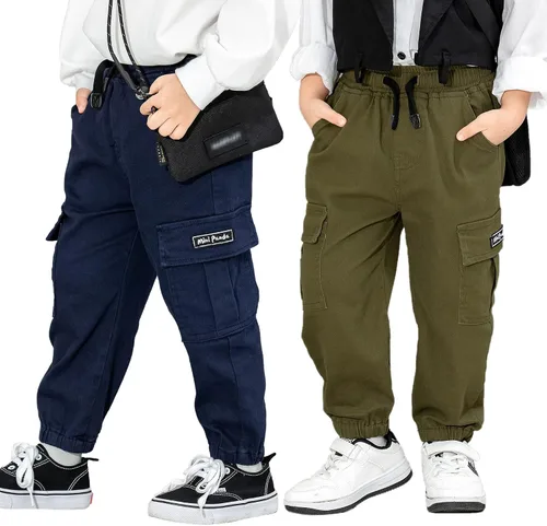 Vista 8 de Pantalones para niño pequeño, paquete de 2 pantalones de meter negro beige (Black+beige)
