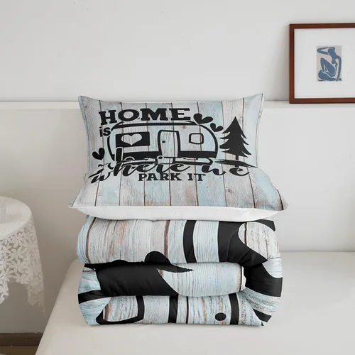 Vista 7 de Juego de edredón rústico de estilo granja para cama Queen, juego de cama divertido donde estacionamos, con 2 fundas de almohada, explore regalos