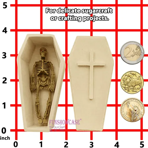 Vista 6 de Funshowcase Molde de silicona 3D de esqueleto de Halloween con sarcófago a juego para decoración de pasteles de fondant, arcilla polimérica
