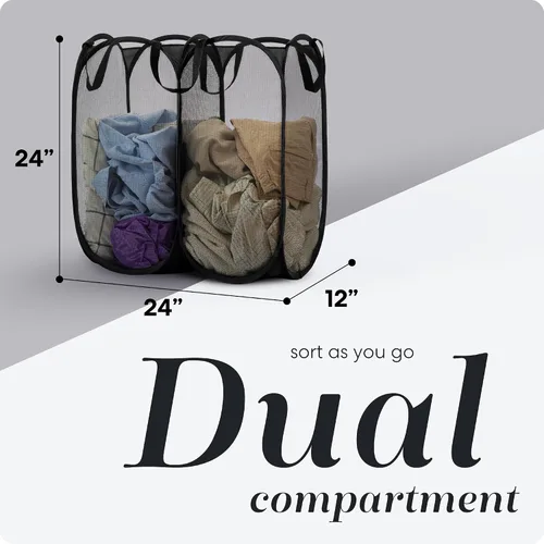 Vista 2 de Handy Laundry Cesta de lavandería doble desplegable, malla de 2 secciones Negro